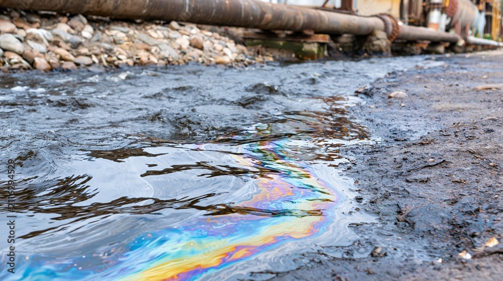 Obraz premium Oil slick spreading across industrial water, rainbow sheen reflecting environmental pollution and contamination