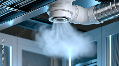 Data center fire suppression nozzle detail, ceiling discharge outlet for gas or mist system, technically accurate installation above server racks, cool blue lighting, industrial safety infrastructure.