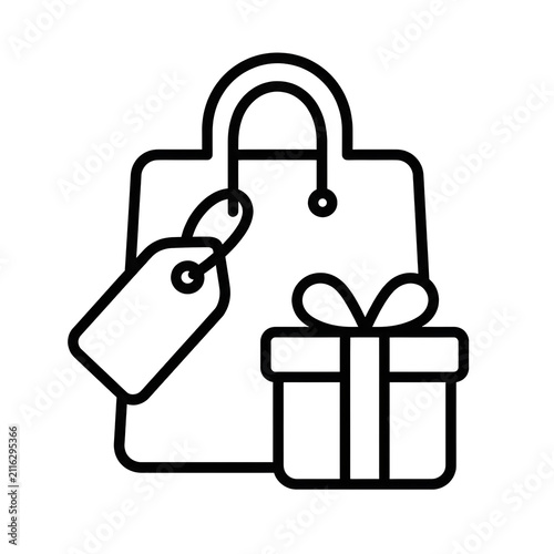 Shopping bag with price tag and gift box outline icon