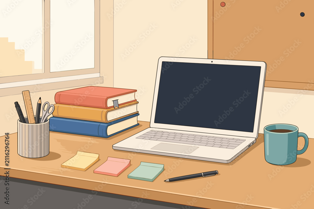 Fototapeta premium Workspace with laptop and stationery, minimalistic style, light colors, copy space