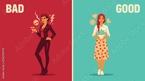 Konstfotografi Vector illustration of bad versus good girl comparison featuring contrasting lif