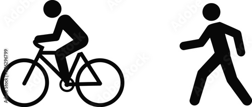 Foto Cyclist and pedestrian icon featuring black silhouette pictograms for bicycle traffic, walking paths, road safety, and editable vector illustration
