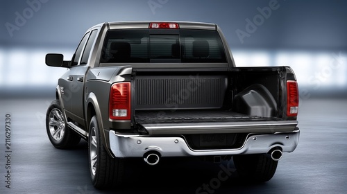 Pickup truck in studio shot showing open cargo bed and polished rear bumper under even lighting