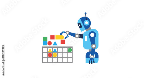 Obraz na płótnie Blue robot placing colorful puzzle piece.