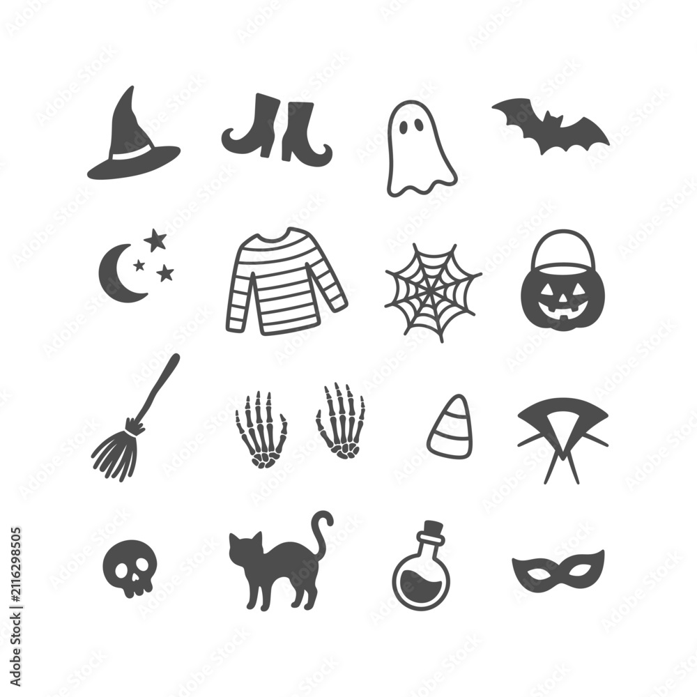 Obraz premium A set of dark gray silhouette icons representing different elements and symbols of Halloween celebrations