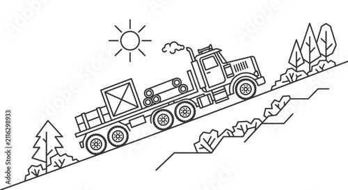 Logging Truck Driving Up Hill Vector Illustration