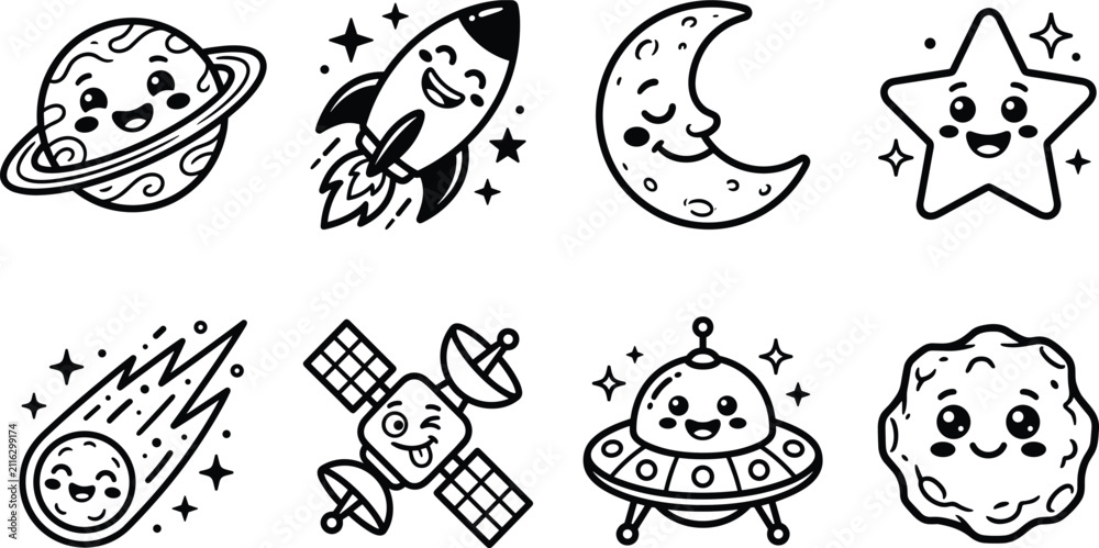 Fototapeta premium Cute Space Character Vector Collection with Planet Rocket Moon Star UFO and Satellite Icons