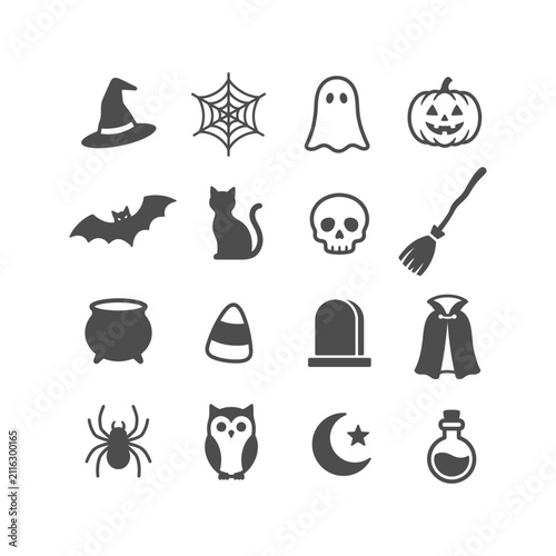 Obraz na plátne A collection of dark gray Halloween-themed icons including a witch hat, ghost, p