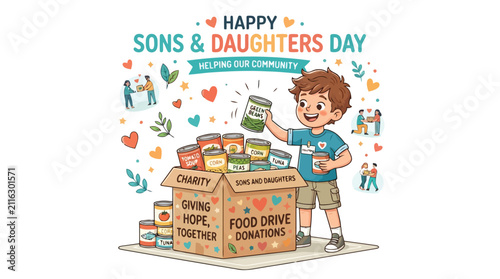 Young boy donating canned goods at community food drive for Sons and Daughters Day vector illustration