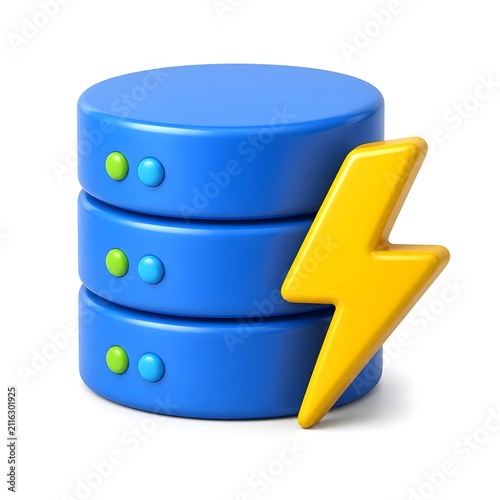 Plakat w ramie icon depicting a database with a lightning bolt beside it, symbolizing high-speed data processing, performance, and optimization