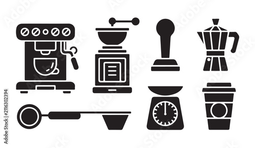 Foto Professional coffee equipment icons set featuring espresso machine grinder tamper and barista tool supplies