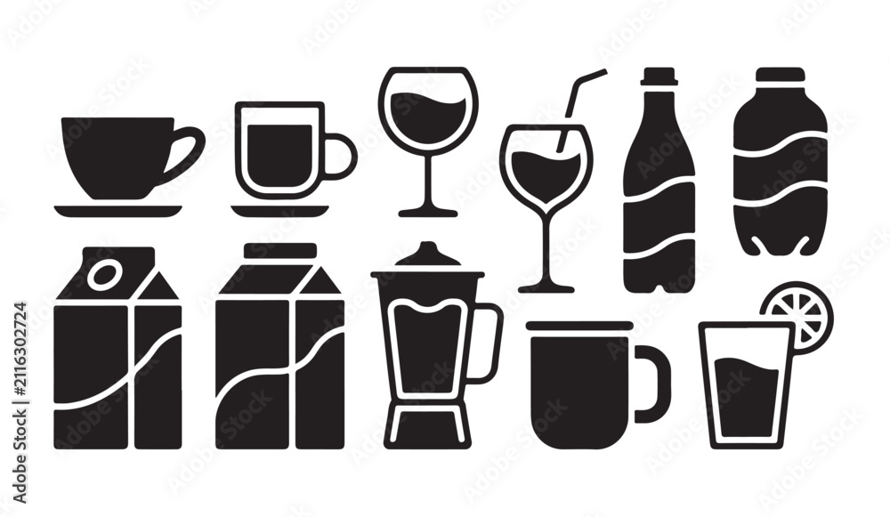 Obraz premium Collection of beverage containers and glasses icons including cups, bottles, cartons, glasses, and blender.
