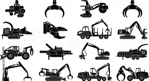 Quadro su tela Collection of black heavy logging equipment silhouettes featuring forestry harve