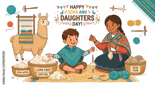 Mother and son practicing traditional llama fiber sorting and wool spinning for Sons and Daughters Day activity