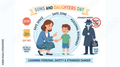 Mother teaching son personal safety and stranger danger awareness in a protective safe zone for children education