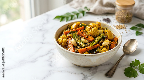 Mixed vegetable pickle in a bowl. Spicy Indian vegetable achaar served on marble table.