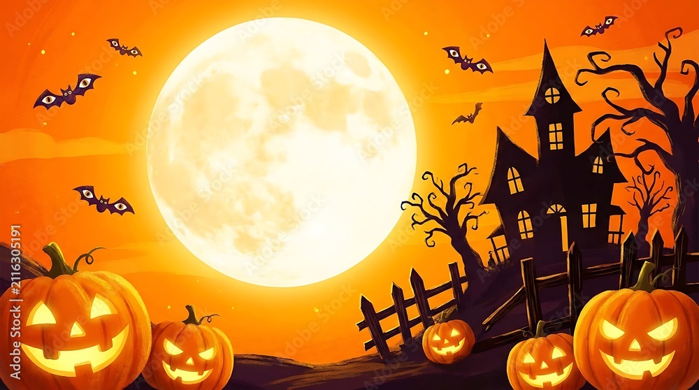 Fototapeta premium Halloween background with pumpkins and haunted house. Spooky full moon night illustration.