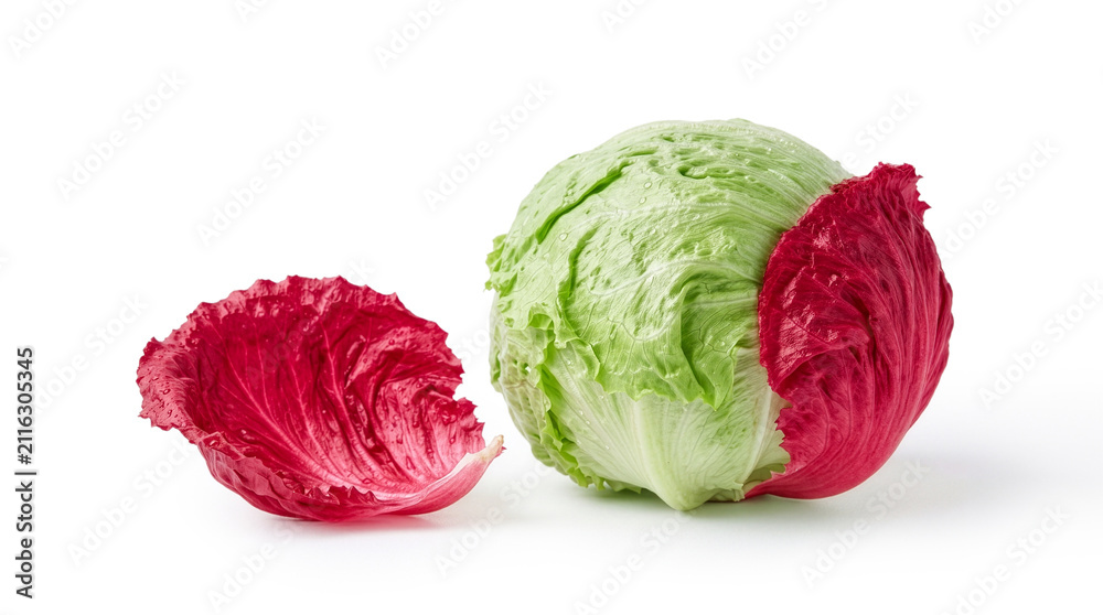Fototapeta premium Cyclosporiasis outbreak and food contamination risk concept. Fresh green iceberg lettuce head with red warning leaf isolated on white background.