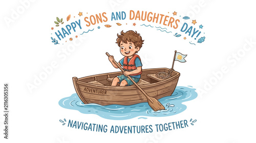 Little boy wearing life jacket rowing wooden boat with sign reading adventurer for sons and daughters day celebration