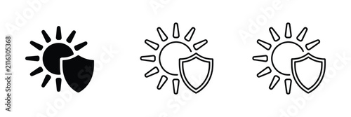 Sun protection icons featuring shield and sun symbols for sunscreen, UV safety, skin care and outdoor protection vector illustration