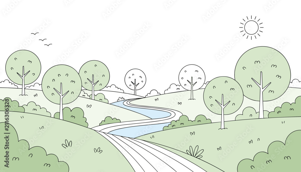 Naklejka premium Peaceful green landscape drawing with a winding road leading through hills and trees under a shining sun.