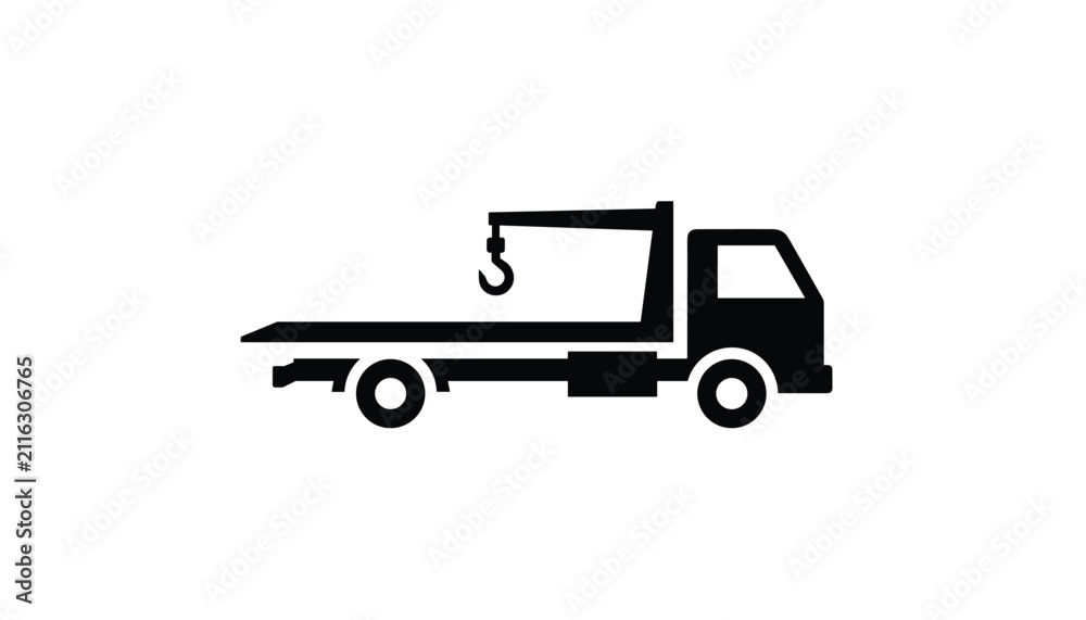 Fototapeta premium Silhouette of a commercial tow truck flatbed tow vehicle with hoist crane hook isolated on white background.