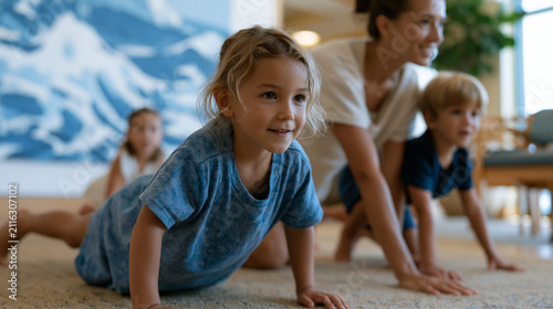 A panel moderator family in a hospital family lounge practices easy scrambling movements using chairs and a painted wall feature, parents and children learning technical movement