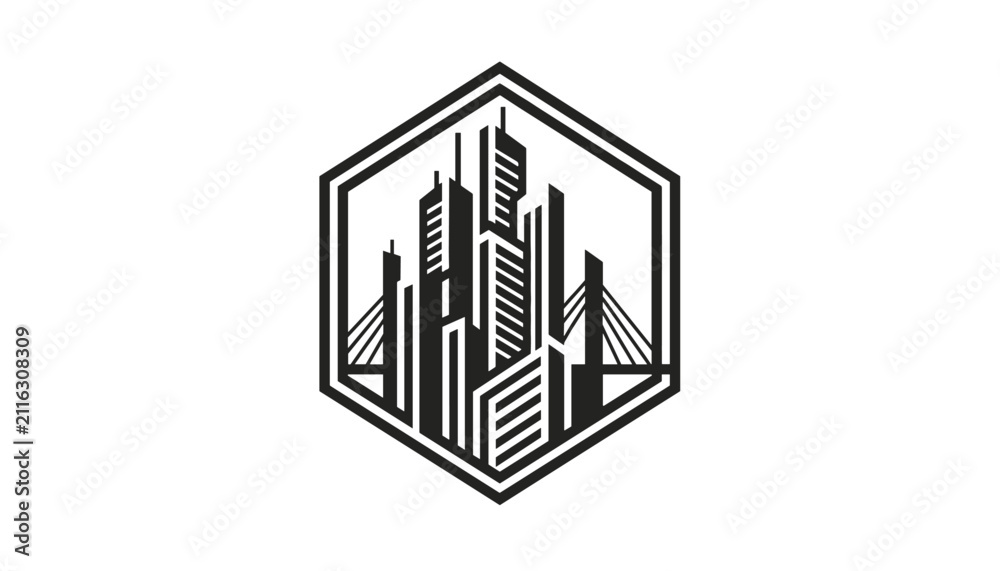Obraz premium Modern black and white geometric logo featuring a towering city skyline and bridge inside a hexagon frame.