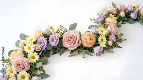 Elegant pastel floral garland arrangement featuring various fresh blooming flowers and lush greenery, beautifully displayed on a pristine white background for celebrations and decor