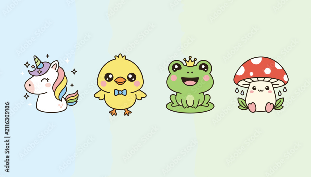 Fototapeta premium Collection of cute animal and character elements showing a unicorn, chick, frog, and mushroom on a soft background.
