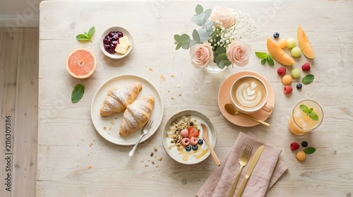 Beautiful morning brunch flat lay with croissants, coffee, yogurt, and fresh fruits on a light wooden table