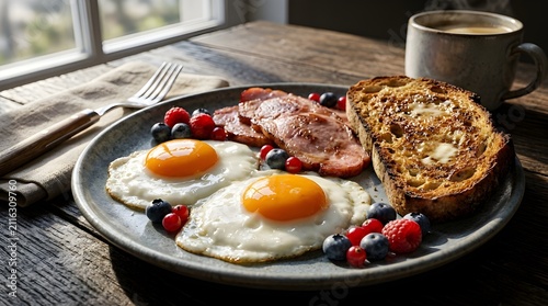 Delicious Hearty Breakfast Plate with Fried Eggs Bacon Toast Fresh Berries and Hot Coffee on Wooden Table
