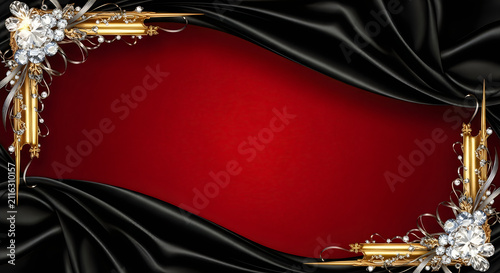 Elegant red background with black fabric drapes and decorative golden corner floral ornaments for design