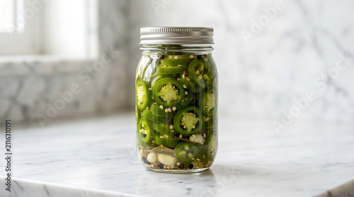 Sliced pickled jalapeños in a glass jar. Preserved spicy green chili peppers for cooking.