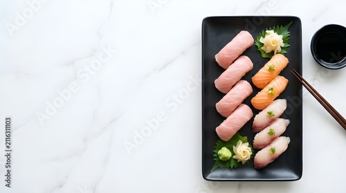 Fresh_Assorted_Nigiri_Sushi_on_Black_Plate_over_White_Marble_Surface_20240523