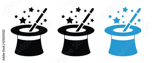 Fotografía Magic Hat Icon Set, Magician Top Hat, Wand, Rabbit Trick, Abracadabra Vector Collection for Magic Show, Illusion Performance, Stage Entertainment, Fantasy, Circus and Party Design