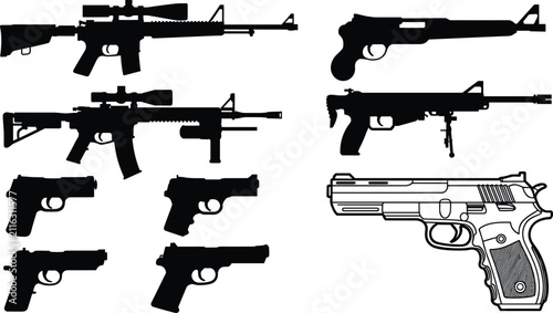 Fotografie Firearm Silhouette Collection Set with Rifle and Handgun Vector Icons Isolated o