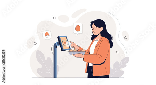 Woman Using Touchscreen Kiosk for Egg Purchase, Digital Self-Checkout for Groceries and Food Products, Modern Technology Concept Illustration