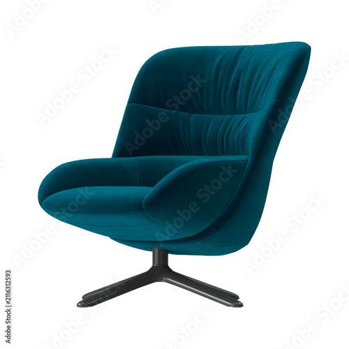 Modern teal velvet armchair with a swivel base on a white background