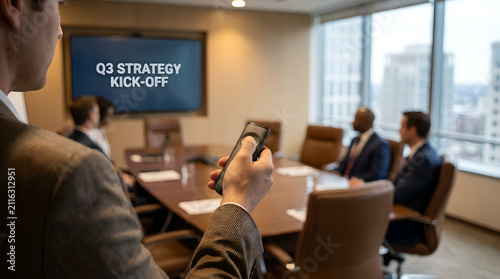 Businessman holds a remote control during a corporate meeting in a sunlit conference room with a large screen displaying Q3 strategy goals to a team of colleagues sitting around a wooden table.