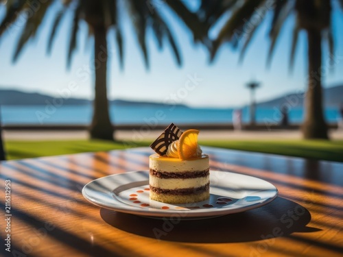 Gourmet dessert cake on a plate with a tropical ocean view