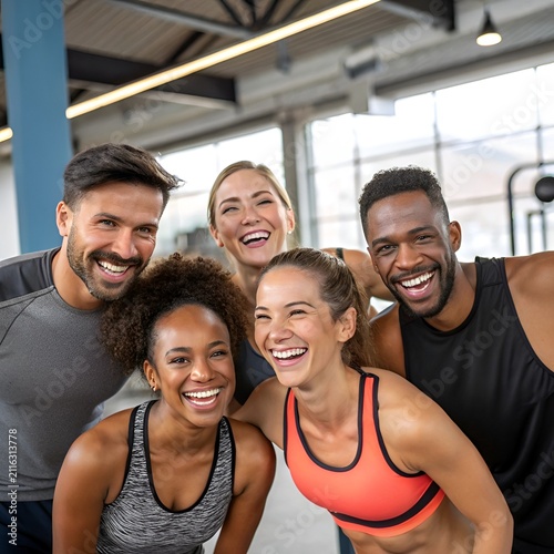 Diverse group of happy athletic people laughing together during a gym workout session