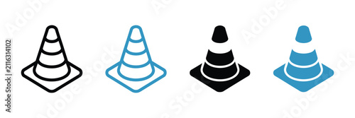 Traffic cone icons featuring multiple styles for road safety, construction warning, hazard markers and traffic control vector illustration