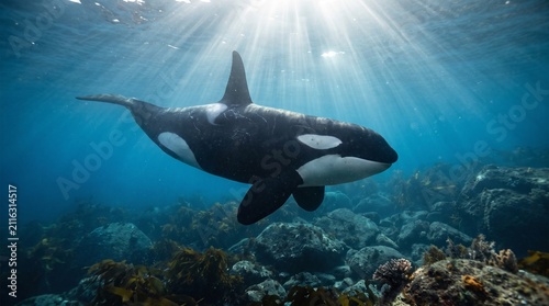 Orca Killer Whale Swimming Underwater: Majestic orca, also known as a killer whale, glides effortlessly through crystal-clear ocean water.