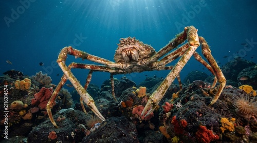 Colossal Crab on Coral Reef: A massive Japanese spider crab, with its impressive leg span and spiky exoskeleton, cautiously navigates a vibrant coral reef teeming with life.