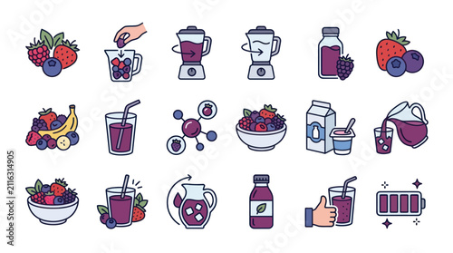 Foto Colorful illustrations of smoothies and fruits.