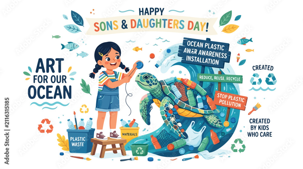 Obraz premium Girl creating ocean plastic awareness art installation for sons and daughters day flat vector illustration