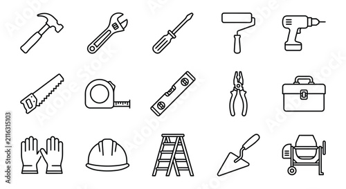 фотографія Collection Of Construction Tool Icons In Linear Style On A White Background tool