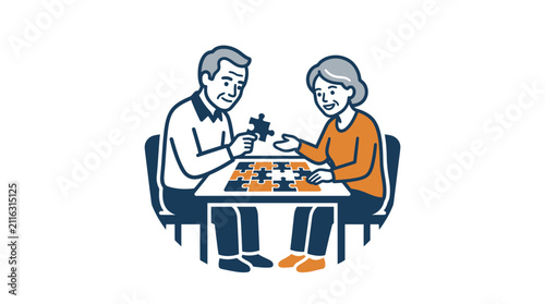 Elderly couple playing chess game.