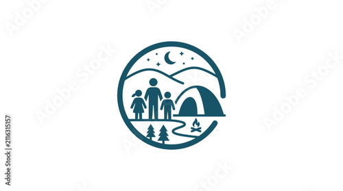 Family camping in the mountains logo.